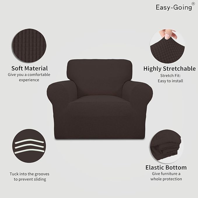 Easy-Going Stretch Chair Sofa Slipcover 1-Piece Couch Sofa Cover Furniture Protector Soft with Elastic Bottom for Kids, Pet. Spandex Jacquard Fabric Small Checks (Chair, Chocolate)
