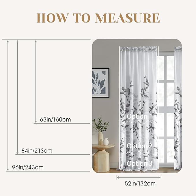 HOMEIDEAS Non-See-Through Light Grey and White Privacy Sheer Curtains 52 X 96 Inches Long 2 Panels, Leaf Floral Printed Light Filtering Semi Sheer Window Curtains Drapes for Bedroom Living Room