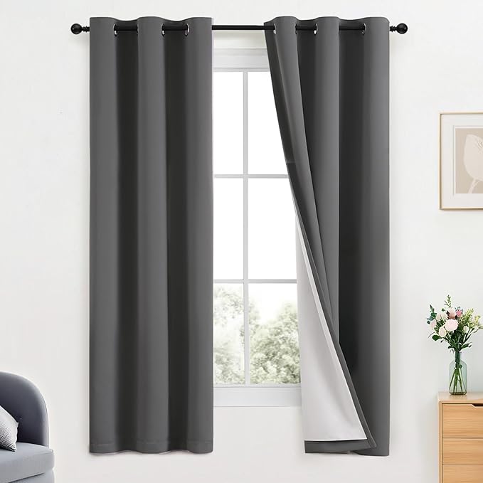 Yakamok Room Darkening 100% Blackout Curtains Grommet Window Treatments with 2 Thick Layers-Charcoal Grey Thermal Insulated Drapes Set of 2 Panels for Bedroom Living Room 38 Inches by 63 Inches Length