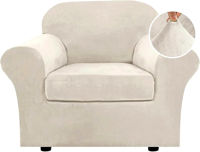 H.VERSAILTEX Rich Velvet Stretch 2 Piece Cover Chair Slipcover Sofa Cover Furniture Protector Couch Soft with Elastic Bottom Chair Couch Cover with Arms Width Up to 49 Inch(Chair, Ivory)