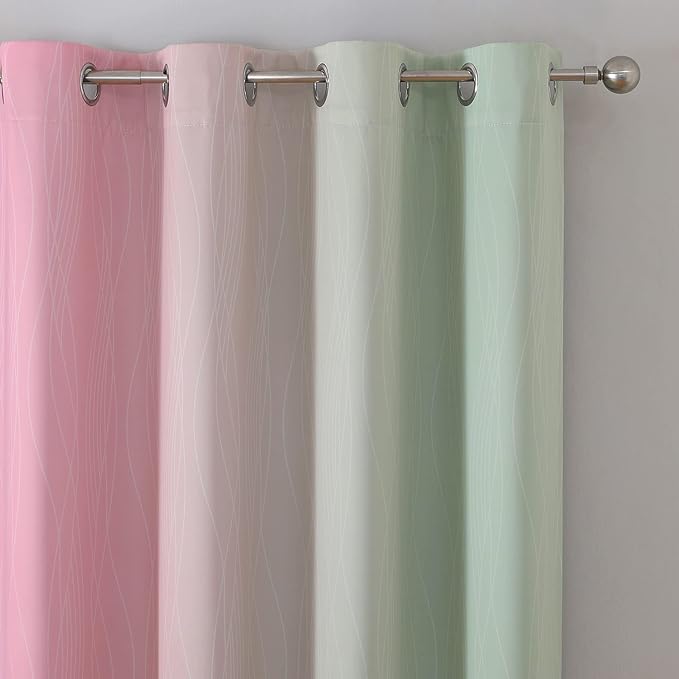 Estelar Textiler Sage Green and Pink Blackout Curtains 84 Inches Long for Living Room, Thermal Insulated Ombre Full Light Blocking Grommet Blackout Drapes for Bedroom, 52Wx84L, 2 Panels