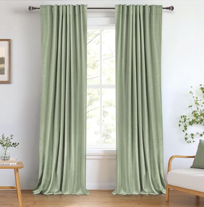 100% Blackout Shield Linen Blackout Curtains for Bedroom 96 Inches Long, Back Tab/Rod Pocket Living Room Drapes, Thermal Insulated Blackout Curtains 2 Panels Set, 50" W x 96" L, Sage