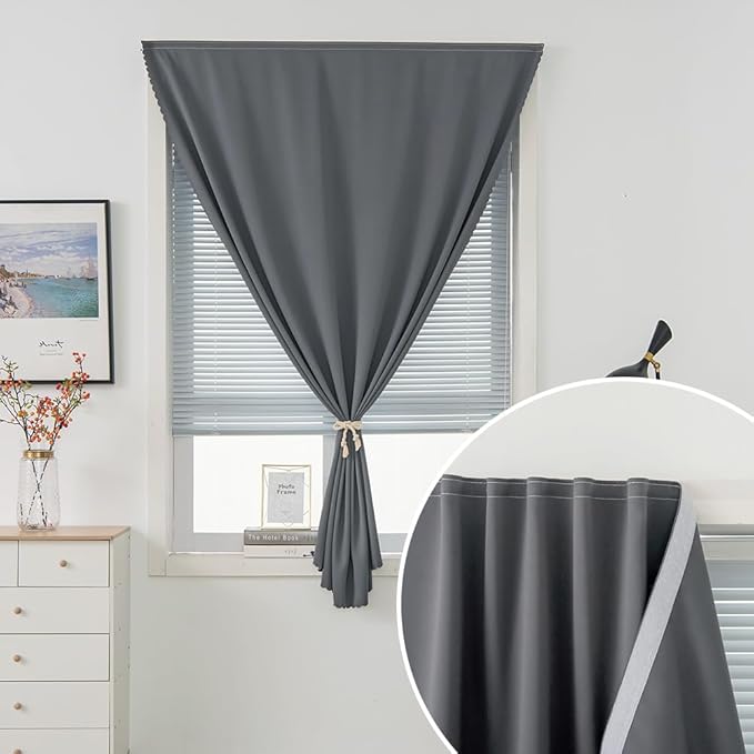 Magic Tape Stick On Curtains Window Shades Pull Down Blackout Window Cover Blackout Curtains for Bedroom No Drillng Self Adhesive Curtains No Rod Small Curtain, 59" W X 59" L, Grey, 1 Panel