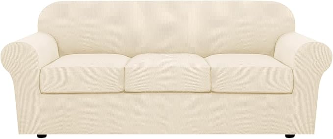 H.VERSAILTEX 4 Piece Stretch Sofa Covers for 3 Cushion Couch Covers for Living Room Furniture (Base Cover Plus 3 Seat Cushion Covers) Upgraded Thicker Jacquard Fabric (Sofa, Cream)
