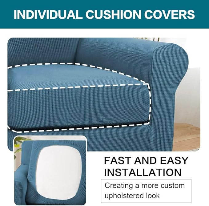 Turquoize 2 Piece Chair Covers Chair Slipcovers for Living Room Armchair Couch Cover Chair Sofa Cover with Individual Cushion Covers Furniture Cover for Chairs Feature Thick Fabric (Chair, Dusty Blue)
