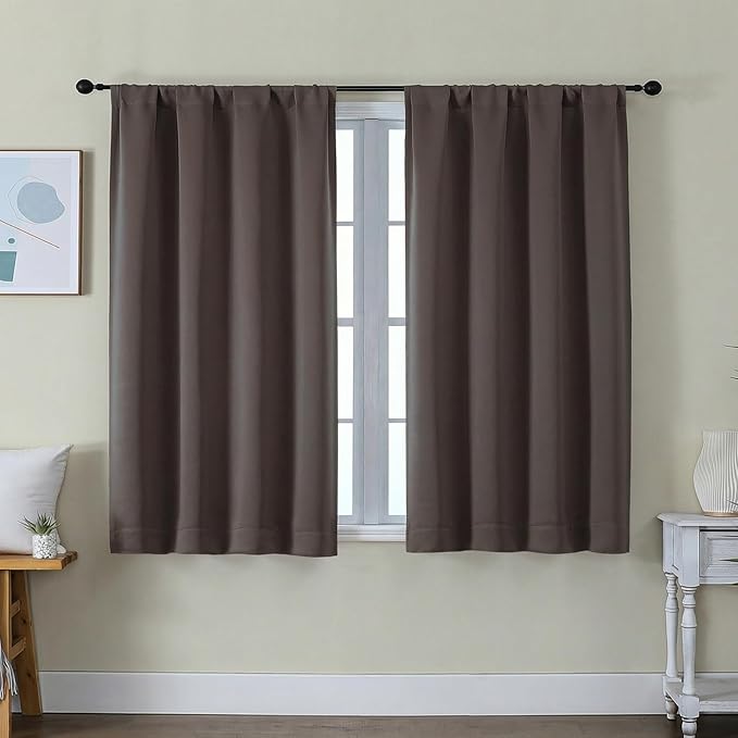 Simplebrand Ava Chocolate Short Blackout Curtains for Bedroom 45 Inches Long 2 Panels Set, Solid Thermal Insulated, Energy Saving Window Treatment Curtains Blackout Drapes, W40 x L45 Inch, Chocolate