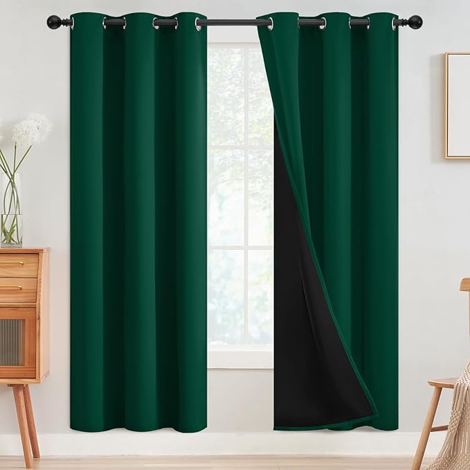 SimpleHome 100% Blackout Curtains for Bedroom,Thermal Insulated Dark Green Grommet Window Drapes Room Darkening Curtains for Living Room with Black Back,42 x 72 Inch,2 Panels