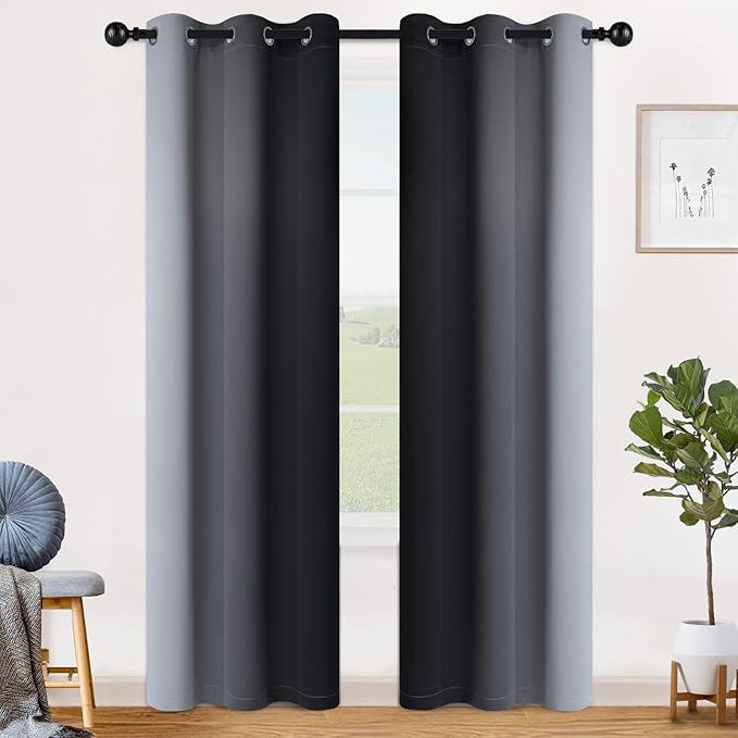 SimpleHome Ombre Room Darkening Curtains for Bedroom, Gradient Black to Grey White Light Blocking Thermal Insulated Grommet Window Curtain/Drapes for Living Room,2 Panels, 42x84 inches Length