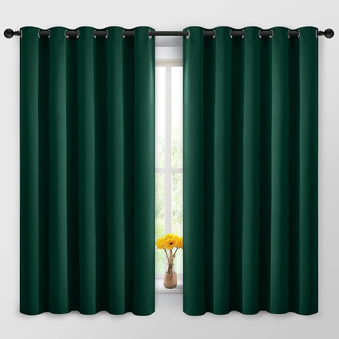 Yakamok Blackout Curtains Room Darkening Thermal Insulated Window Panels,Solid Grommet Top Drapes for Bedroom/Living Room(62Wx63L, Dark Green, 2 Panels)