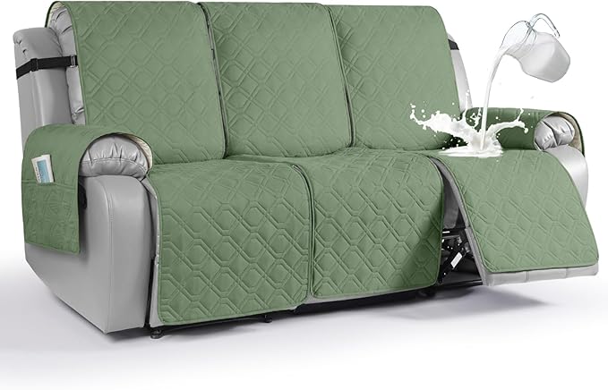 VANSOFY Waterproof Recliner Couch Covers, Sofa Covers Non-Slip 1-Piece Washable Reclining Sofa Cover Furniture Protector with Elastic Straps Pocket for Dogs, Pets(Bean Green,3 Seater)