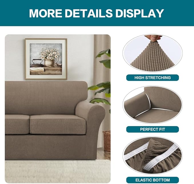 Turquoize 4 Piece Sofa Covers for 3 Cushion Couch Sofa Slipcover Soft Couch Cover for Dogs-Washable Sofa Furniture Covers with 3 Individual Large Cushion Covers (XL Sofa, Macchiato)