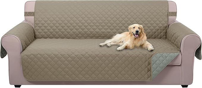 U-NICE HOME Reversible Sofa Cover Couch Cover for Dogs with Elastic Straps Water Resistant Furniture Protector for Pets Couch Cover for 3 Cushion Couch (Sofa, Khaki/Light Grey)