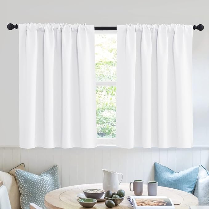RYB HOME Short Curtains for Small Window, Sunmmer Heat Light Blocking Privacy Protection Curtains for Sunroom Laundry Room Stair Window, Width 52 by Length 36, Pure White, Set of 2