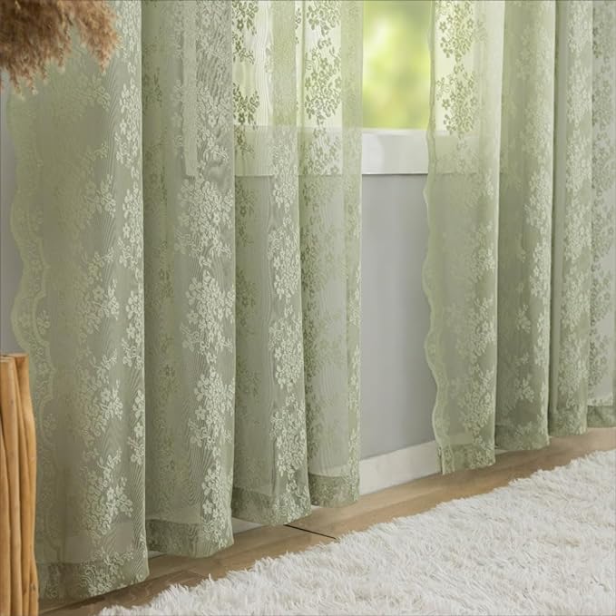 YJ YANJUN Vintage Lace Curtains 84 Inch Long- Victorian Floral Pattern Sheer Sage Green Curtains for Bedroom Living Room Kitchen Hallway 2 Panels Set Rod Pocket Spring Summer Boho Decor 52Wx84L