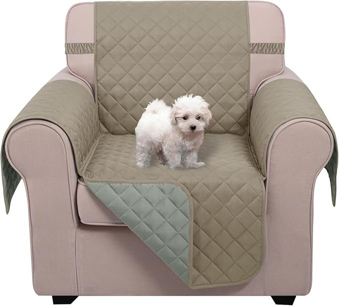 U-NICE HOME Reversible Oversized Chair Covers Quilted Water Repellent Pet Protectors with Elastic Straps(28''Armchair, Khaki/Light Grey)