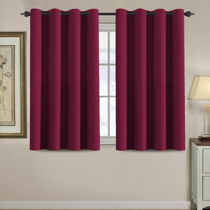 H.VERSAILTEX Blackout Curtains for Christmas Small Window Kitchen Blackout Curtains 45 inch Length Energy Saving Solid Grommet Blackout Drape, One Panel, Burgundy Red, 52" W x 45" L