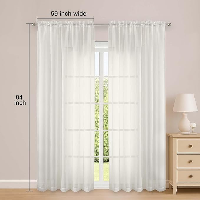 OWENIE Sheer Curtains 84 Inches Long 2 Panels Set, Ivory Sheer Curtain for Living Room Bedroom, Modern Voile Filmy Rod Pocket Curtains & Drapes, 2 Pcs, Each 59 W x 84L Inch, Ivory