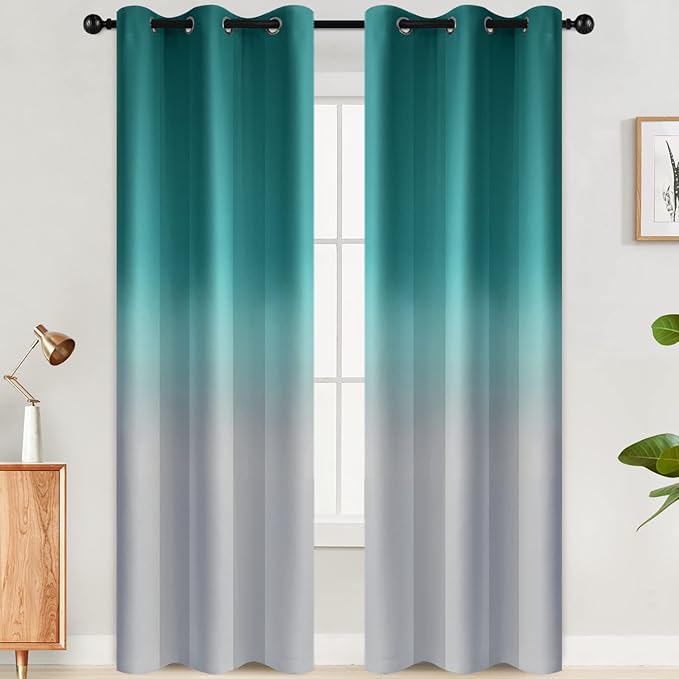 SimpleHome Ombre Room Darkening Curtains for Living Room, Light Blocking Gradient Teal to Grey White Thick Thermal Insulated Grommet Window Curtains/Drapes for Bedroom, 2 Panels, 42x84 inches Length