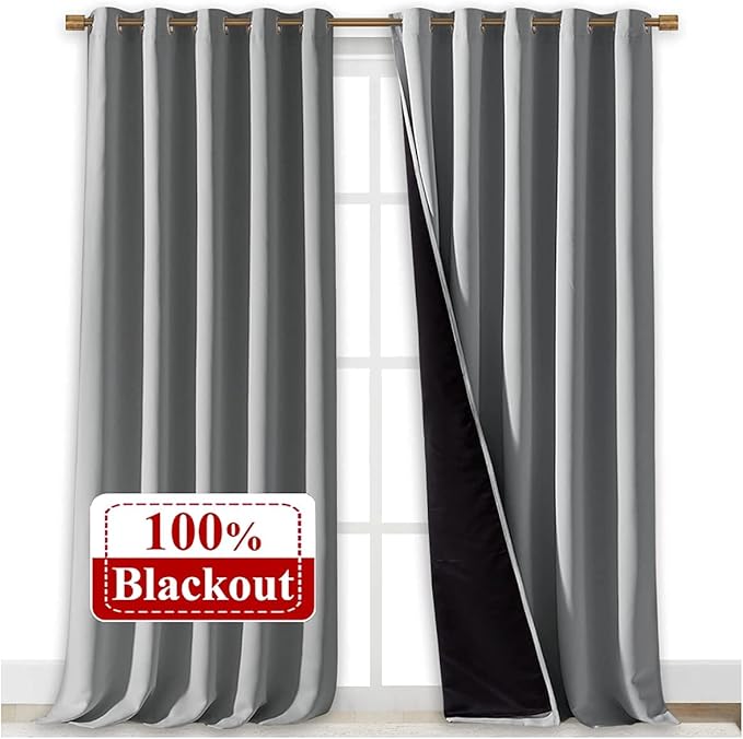 NICETOWN 100% Blackout Blinds, Laundry Room Decor Window Treatment Curtains for Large Patio Sliding Door, Thermal Insulated Silver Grey Curtains for Bedroom, Set of 2, 70 inches x 108 inches