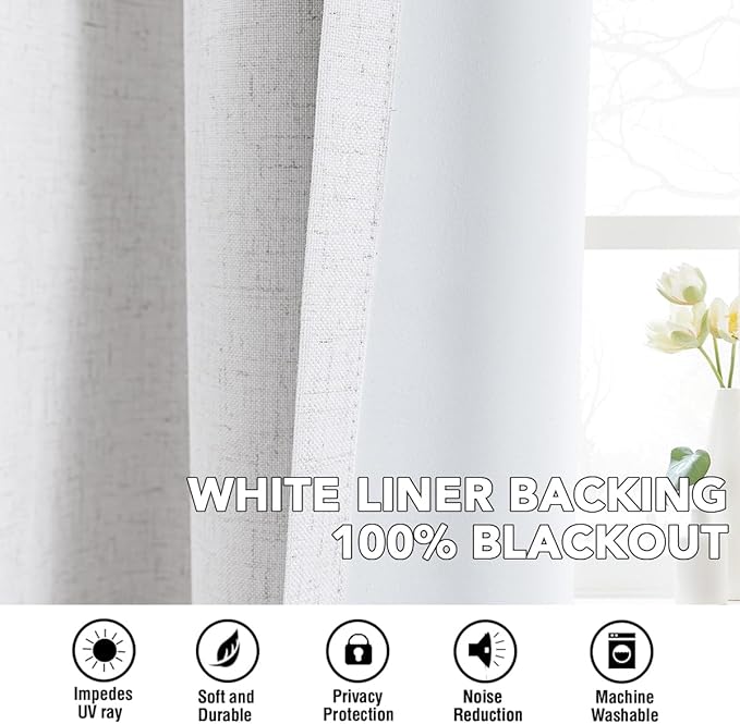 H.VERSAILTEX Linen Curtains 100% Blackout Curtains for Bedroom 108 inch Long Full Light Blocking Nature Linen Blended Window Curtains for Living Room Nickel Grommet (2 Panels, Heathered White)