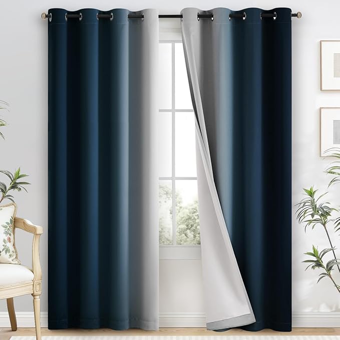 Yakamok 100% Blackout Curtains 84 Inch Length 2 Layers,Navy Blue Curtains for Bedroom Ombre Room Darkening Grommet Gradient Drapes, Light Blocking Thermal Insulated Window Curtains for Living Room