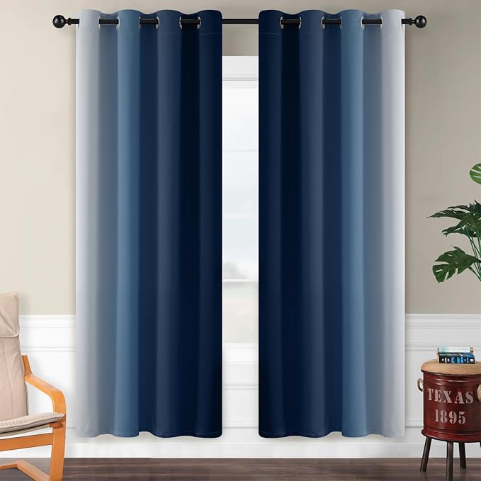 SimpleHome Ombre Room Darkening Curtains for Living Room, Light Blocking Gradient Blue to Greyish White Thermal Insulated Grommet Window Curtains/Drapes for Bedroom, 2 Panels, 52x72 inches Length