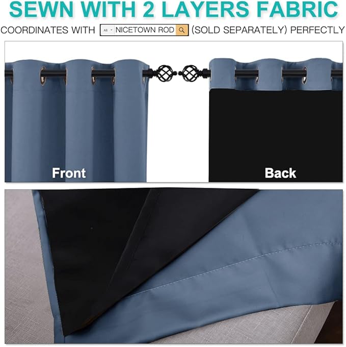 NICETOWN 100% Blackout Curtains 95 inches Long, Pair of Energy Smart & Noise Blocking Out Drapes for Baby Room Window, Thermal Insulated Guest Room Lined Window Dressing (Stone Blue, 70 inches Wide)