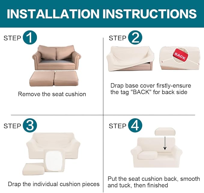 Turquoize 3 Piece Sofa Covers for 2 Cushion Couch Sofa Slipcover Soft Couch Cover for Dogs-Washable Sofa Furniture Cover with 2 Individual Cushion Covers, Thick Jacquard Fabric (Loveseat, Cream)