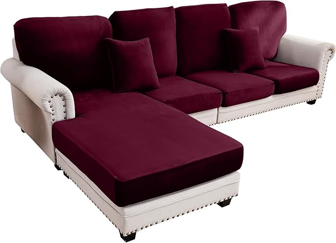 Couch Cover 4-Piece Elastic Velvet Couch Cushion Covers & Chaise Slipcovers for L-Shaped Sofas, Sofa Seat Covers Washable, Soft Cover for Couches (3 Seater + Chaise, Wine)