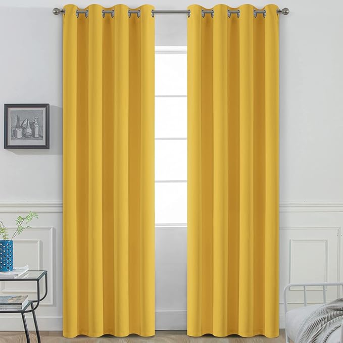 Yakamok Grommet Room Darkening Soft Thermal Insulated Mustard Yellow Blackout Curtains Window Panels for Bedroom, Width 52 Inch by Length 96 Inch, Two Curtain Panels