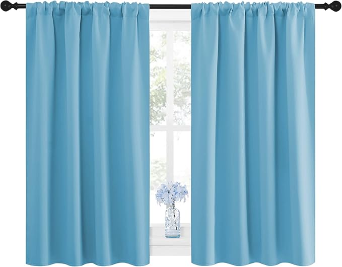 NICETOWN Kitchen Window Blackout Curtain Panels - Energy Saving Window Covering Thermal Insulated Rod Pocket Drapes for Basement(Teal Blue, Set of 2 Panels, 42 by 45 inches Long)