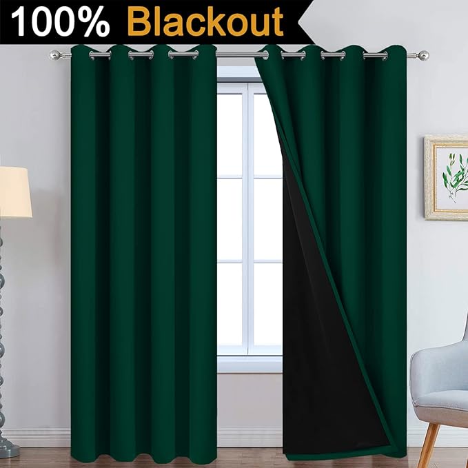 Yakamok 100% Blackout Curtain for Bedroom,Thermal Insulated Drapes with Black Liner Full Room Darkening Energy Efficiency Window Curtains for Living Room(52Wx90L,Dark Green, 2 Panels)