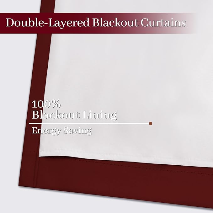 Yakamok Room Darkening 100% Blackout Curtains Grommet Window Treatments with 2 Thick Layers-Burgundy Red Thermal Insulated Drapes Set of 2 Panels for Bedroom Living Room 52 Inches by 63 Inches Length