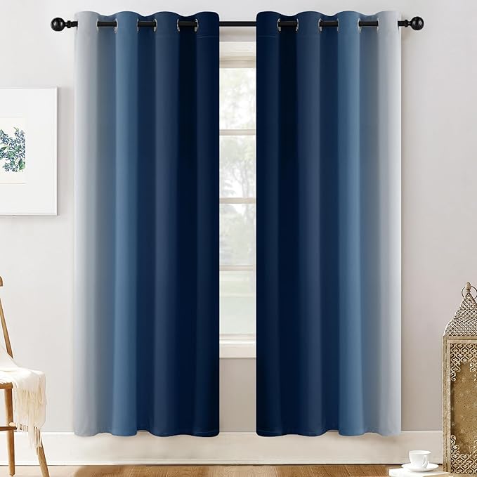 Yakamok 72 Inch Length Light Blocking Grommet Window Drapes,Blue and Greyish White Room Darkening Gradient Color Curtains for Bedroom(52x72 Inch, Set of 2)
