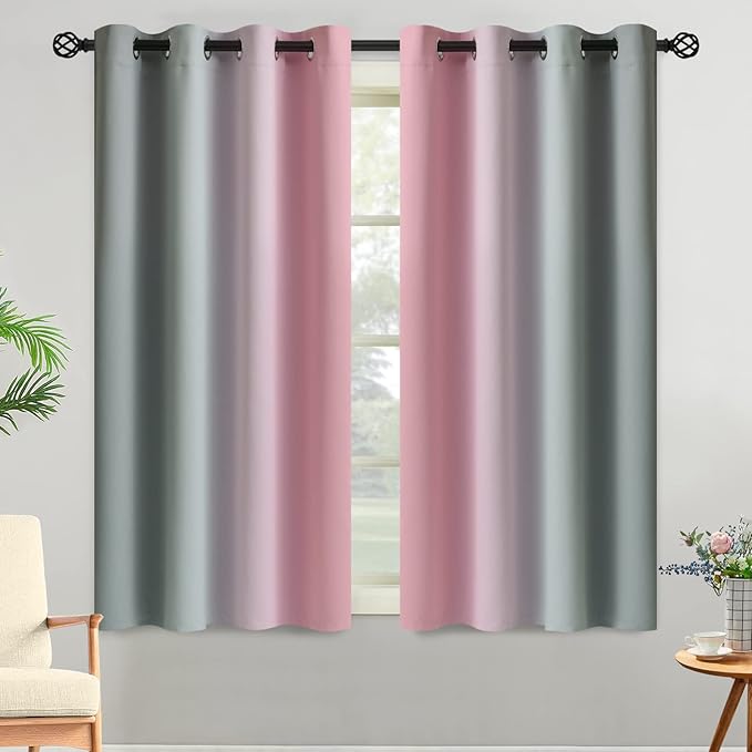 Yakamok Pink and Grey Blackout Curtains, Ombre Full Room Darkening Window Curtains for Living Room,Grommet Thermal Insulated Drapes,Light Blocking Curtains for Girls Bedroom,52x54 Inch, 2 Panels