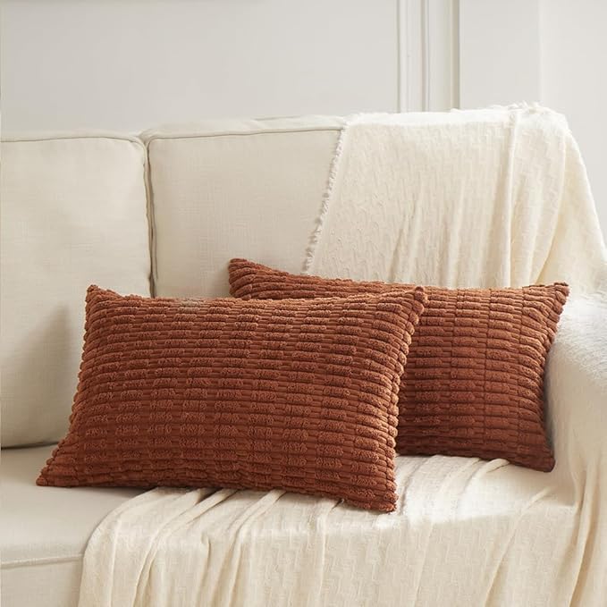 Fancy Homi 4 Packs Rust Decorative Throw Pillow Covers 12x20 Inch for Living Room Couch Bed Sofa, Terracotta Rustic Farmhouse Boho Home Decor, Soft Plush Striped Corduroy Square Cushion Case 30x50 cm