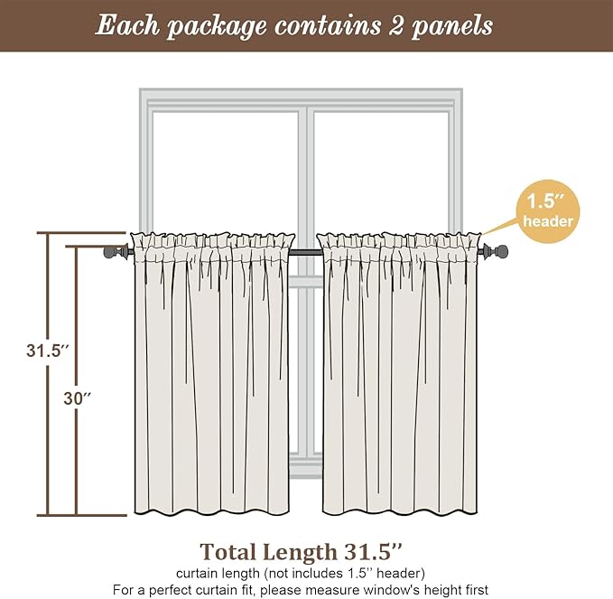 Chyhomenyc Sage Green Sheer Curtains 30 inch Length 2 Panels, Light Filtering Voile Rod Pocket Short Window Curtians for Bathroom Living Room Farmhouse Small Windows, 42Wx30L inches