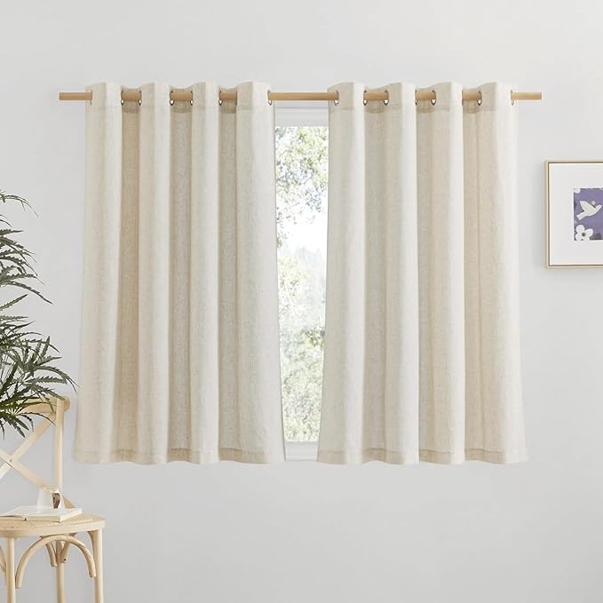 NICETOWN Natural Linen Cafe Curtains 45 inch Length, Thick Flax Linen Window Treatments Privacy Assured with Light Filtering for Farmhouse/Bedroom, W55 x L45, 2 Panels