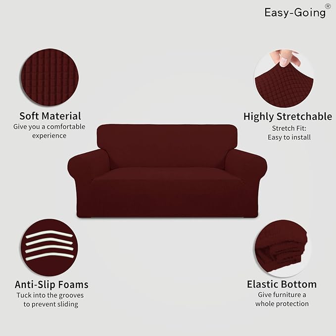Easy-Going Stretch Oversized Loveseat Slipcover 1-Piece Sofa Cover Furniture Protector Couch Soft with Elastic Bottom for Kids Polyester Spandex Jacquard Fabric Small Checks Wine