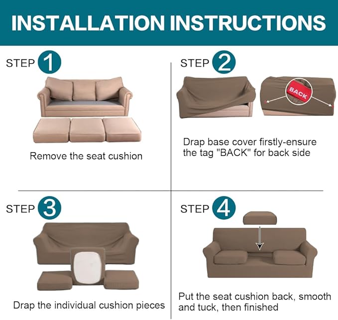 Turquoize 4 Piece Sofa Covers for 3 Cushion Couch Sofa Slipcover Soft Couch Cover for Dogs Washable Furniture Cover with 3 Individual Large Cushion Covers Feature Fabric (Large Sofa, Olive)