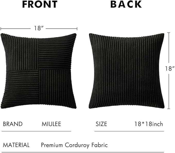 MIULEE Black Decorative Throw Pillow Covers 18x18 Inch for Couch Bed Sofa Pack of 2 Boho Farmhouse Throw Pillows Soft Cross Corduroy Patchwork Textured Cushion Cases