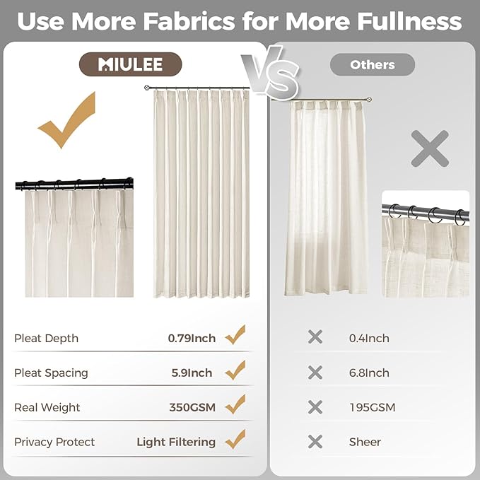 MIULEE Pinch Pleated Thick Linen Curtains 102 Inches Long 2 Panels for Living Room Bedroom, Linen Texture Pleat Drapes Memory Trained Light Filtering Neutral Ivory Cream Farmhouse Window Curtains