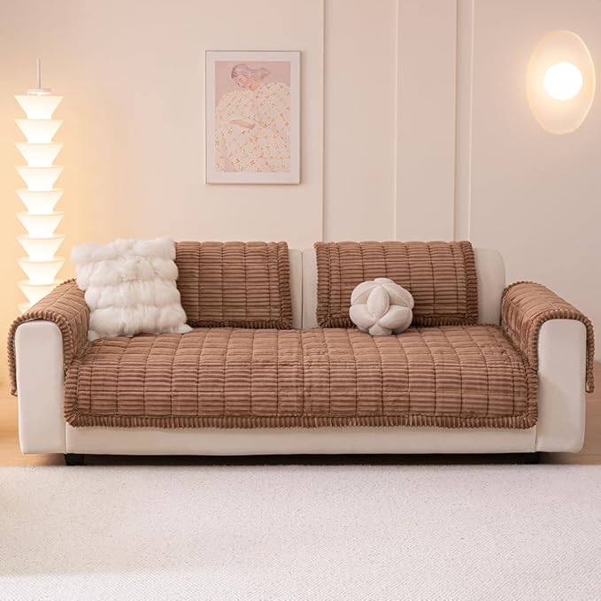 Couch Cover for Dogs Washable, Fuzzy Pet Couch Covers for 3 Cushion Sofa Pet Friendly, Non Slip Sofa Cover (Dark Brown, 27.6" x 27.6"/70 x 70cm 2 PCS)