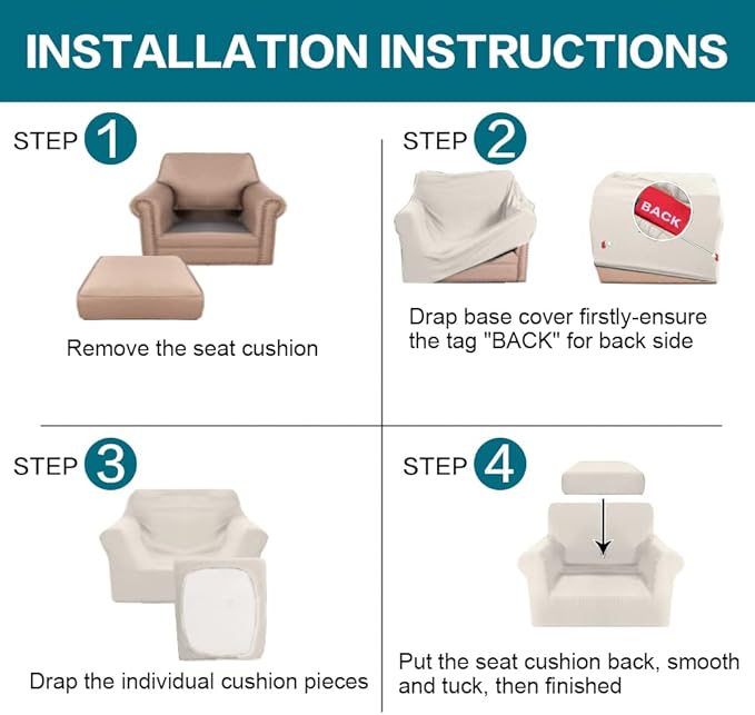Turquoize 2 Piece Chair Covers for Living Room Armchair Couch Cover with Individual Cushion Covers Furniture Cover for Chairs Feature Jacquard Fabric (Chair, Ivory)