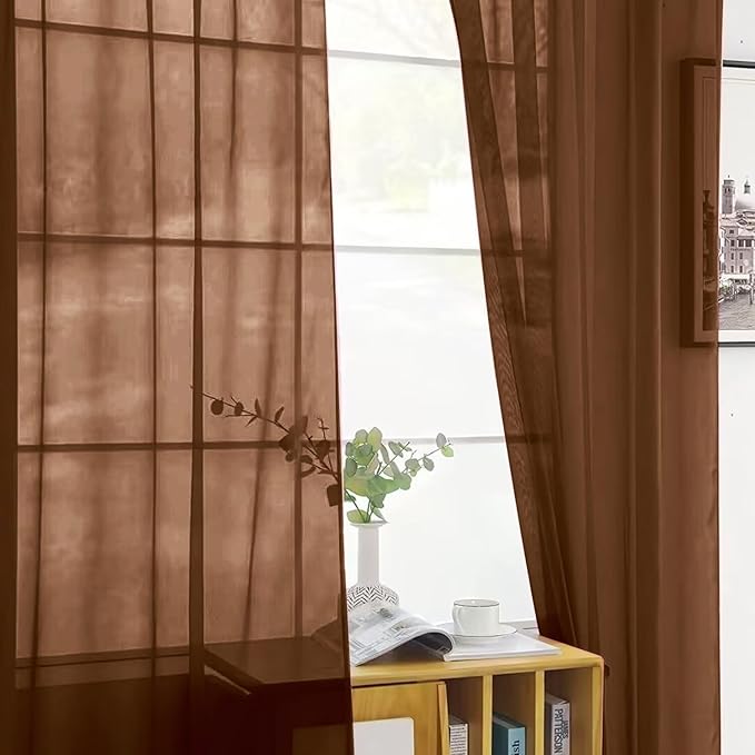SpaceDresser Sheer Voile Window Treatment Rod Pocket Curtain Panels for Kitchen Bedroom Living Room Drapes Sunlight Filtering Privacy Semi Home Decor Assorted (Brown, 52 W x 90 L)