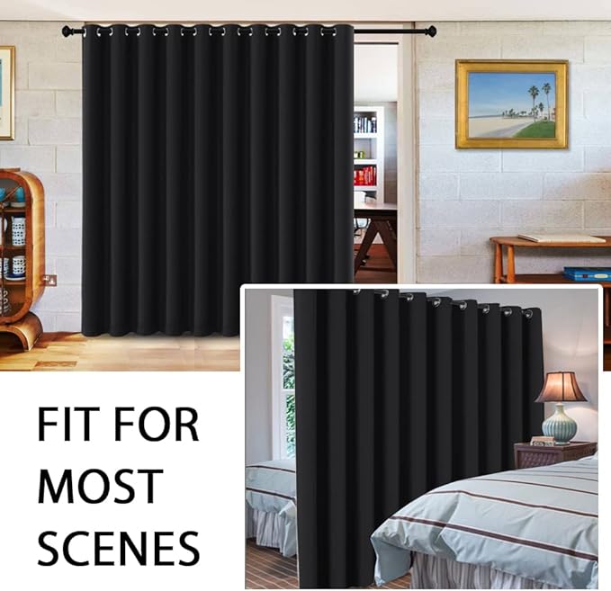 H.VERSAILTEX 100% Blackout Curtains for Sliding Glass Door Room Divider Curtains Noise Reduce Curtain Panel Portable Window Screen Sliding Partition, W180 x L96 inches/8' Tall by 15' Wide, Black