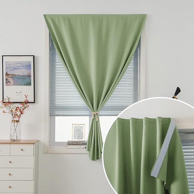Magic Tape Blackout Curtains for Bedroom No Drillng Self Adhesive Curtains No Rod Small Window, 59" W X 59" L, Sage Green, 1 Panel