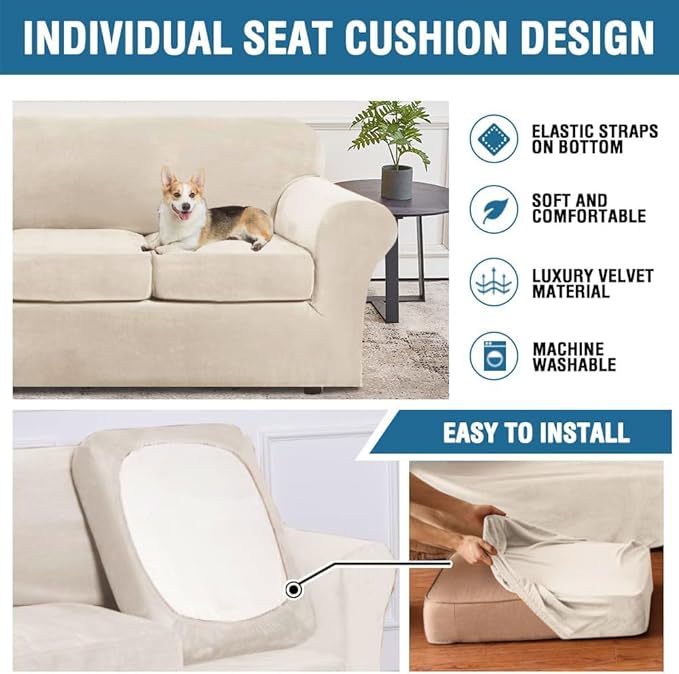 H.VERSAILTEX Modern Velvet Plush 4 Piece High Stretch Sofa Slipcover Sofa Cover Furniture Protector Form Fit Thick Velvet Sofa Cover for 3 Cushion Couch Width Up to 90 Inch (Sofa, Cream)