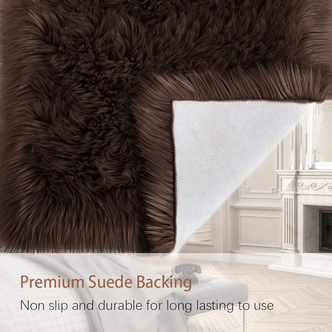 LOCHAS Soft Fluffy Faux Fur Rugs for Bedroom Bedside Rug 2x3 Feet, Washable, Furry Sheepskin Area Rug for Living Room Girls Room, Luxury Shag Carpet Home Decor, Brown