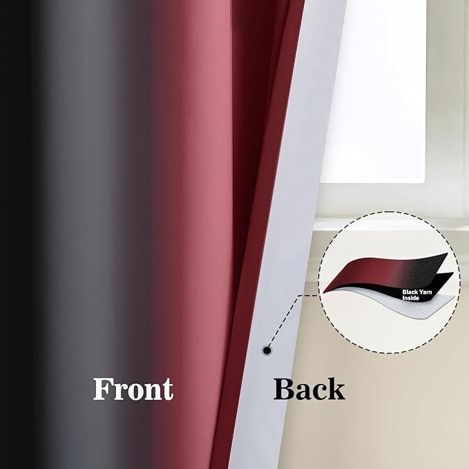 Yakamok Blackout Ombre Burgundy and Black Curtains for Bedroom, Gradient Room Darkening Curtains, Grommet Thermal Insulated Light Blocking Window Drapes/Curtain for Living Room,52 x 63 Inch,2 Panels